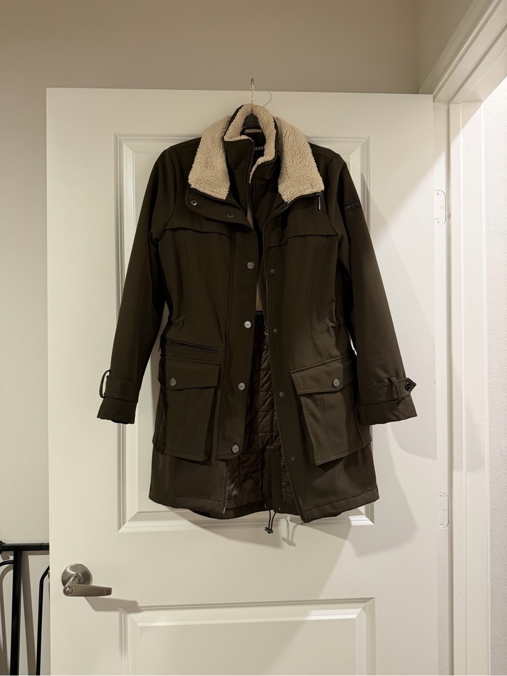 DKNY Olive Green Trench Coat with Sherpa Collar